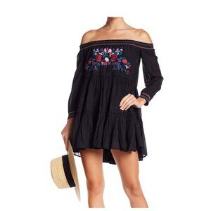 Free People black floral Sunbeams babydoll off shoulder embroidered dress M